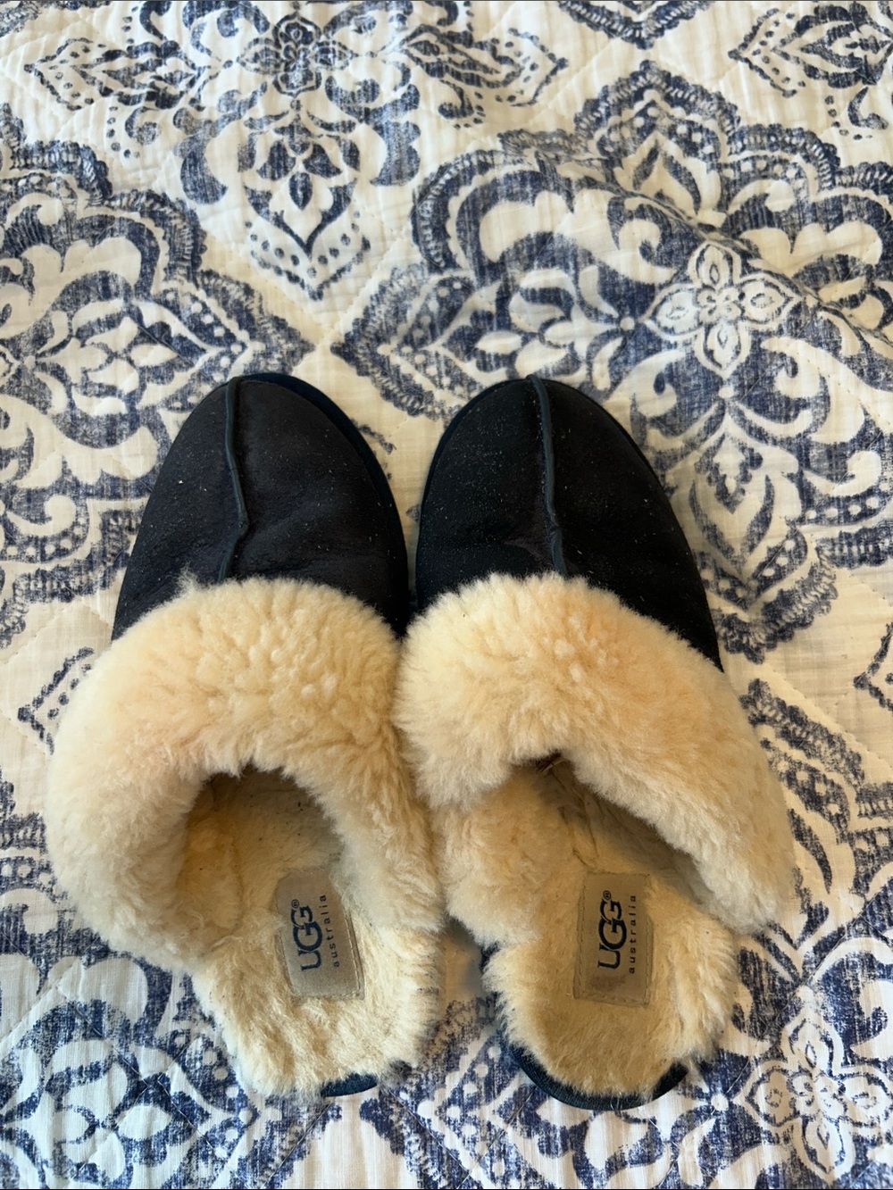 UGG Natural Shearling Lined Slippers with Navy Patterned Exterior